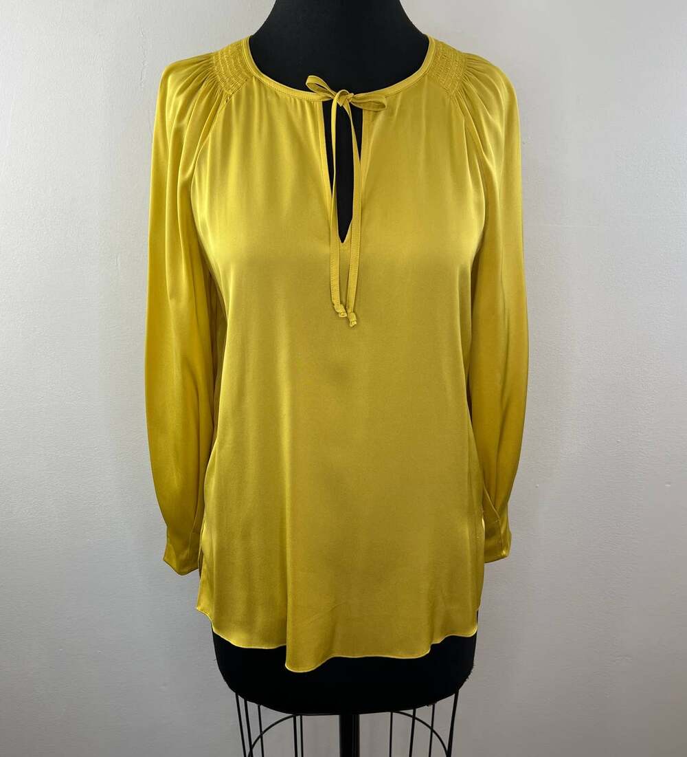 Kobi Halperin Mustard Yellow Silk Karem Long Sleeve Tie Neck Satin Blouse S